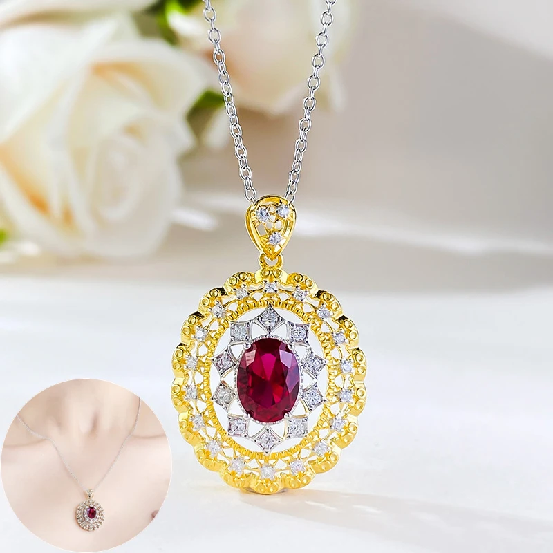 Apaison 6*8 mm Lab Ruby 925 Sterling Sliver Bridal Jewelry Gift Necklace Pendant For Women