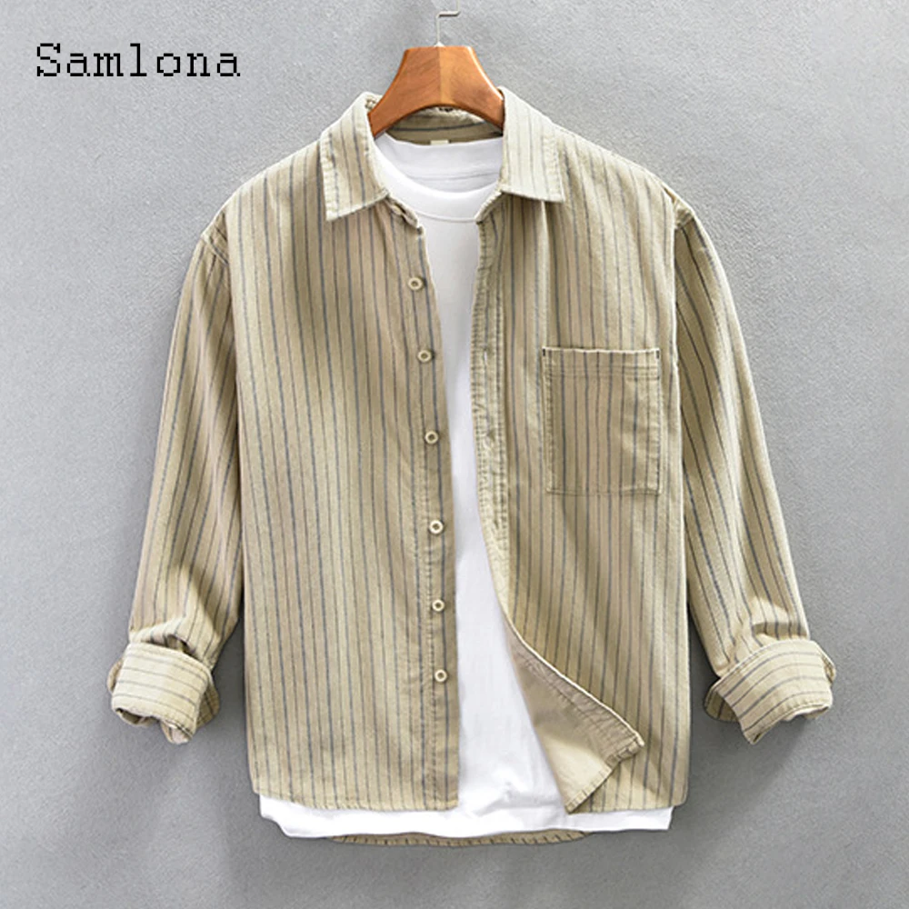 

2023 Harajuku 100 Percent Cotton Shirts Lepal Collar Shirt blusas Men Casual Retro Striped Blouse Plus Size Mens Camisa Tops