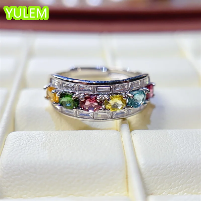 Natural Rainbow-colored 925 Sterling Silver Tourmaline Ring for Women, Beautiful High-end Color with Certificate