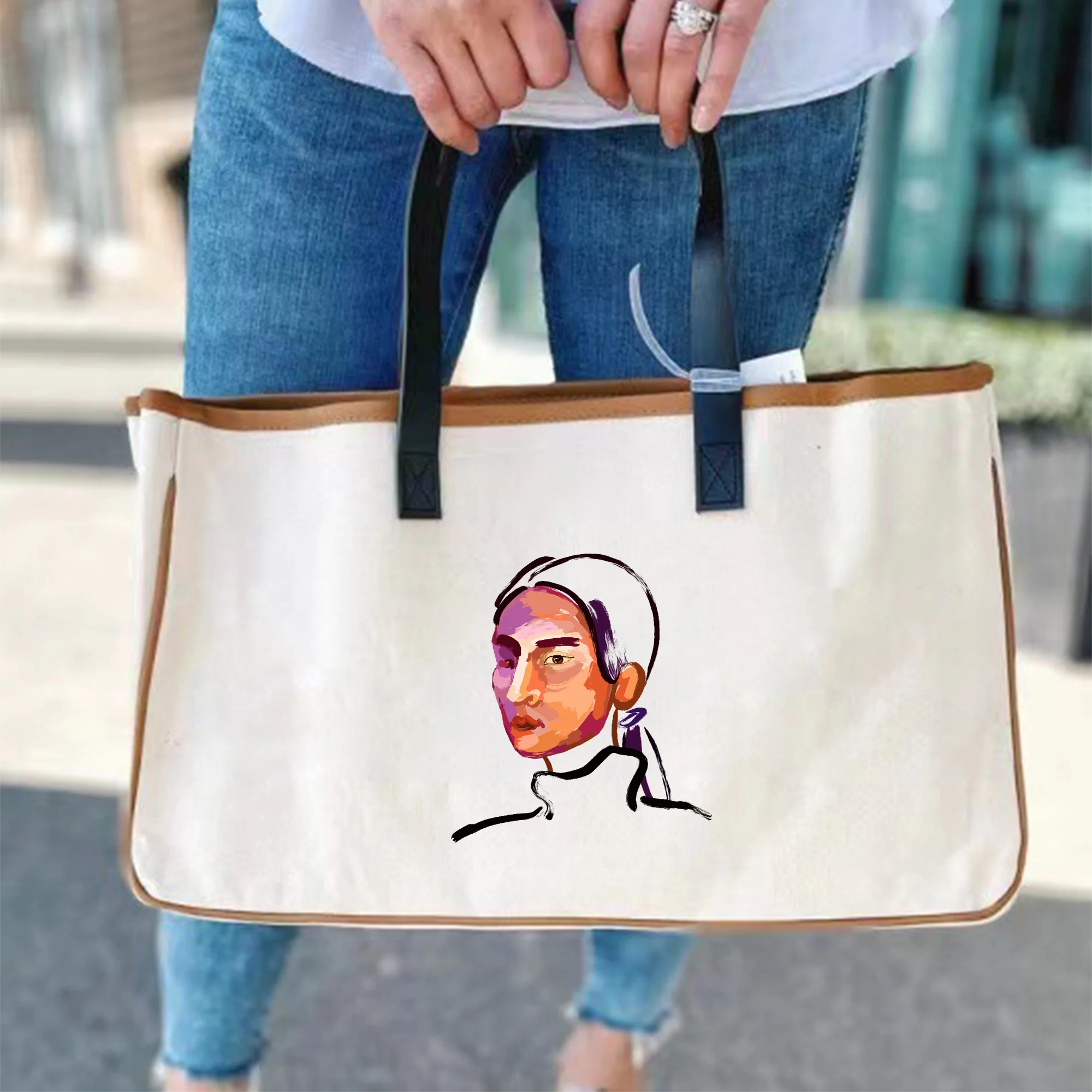 Abstract Oil Painting Character Print Tote Bag Large Capacity Gift Bag Fashion Tote Bag for Women for Shopping Trip Beach School