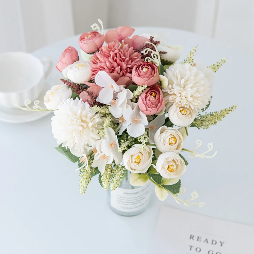 Künstliche Seidenblumen Hortensie Tee-Rose für Außenbereich, Garten, Zuhause, Zimmerdekoration, Vase, Hochzeit, Brautstrauß, DIY-Festkranz, DIY-Geschenk – Detail 1