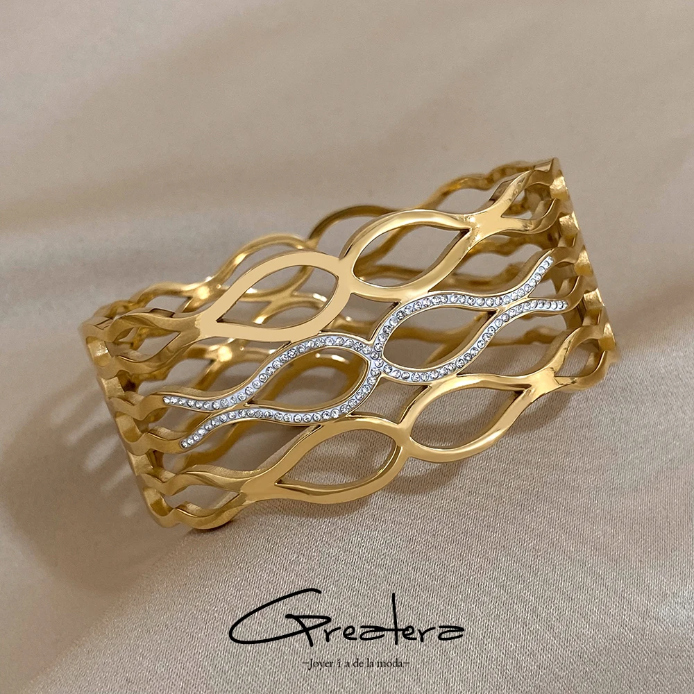 Greatera braccialetti larghi in acciaio inossidabile a forma di coda di pesce con strass per le donne gioielli con bracciale in metallo cavo placcato oro