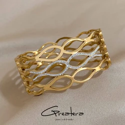 Greatera Rhinestone Fish Tail Shaped Stainless Steel Wide Bangle Bracelets for Women Gold Plated Hollow Metal Bracelet Jewelry