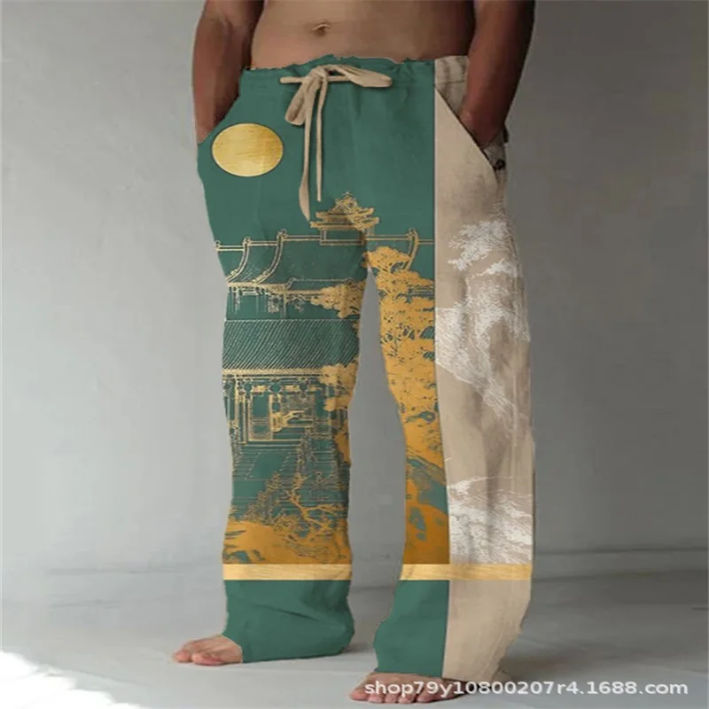 Linen Men's Casual Straight Fitting Mop Pants With Plant Digital Printing Double Pocket Drawstring Long Pants Wholesale