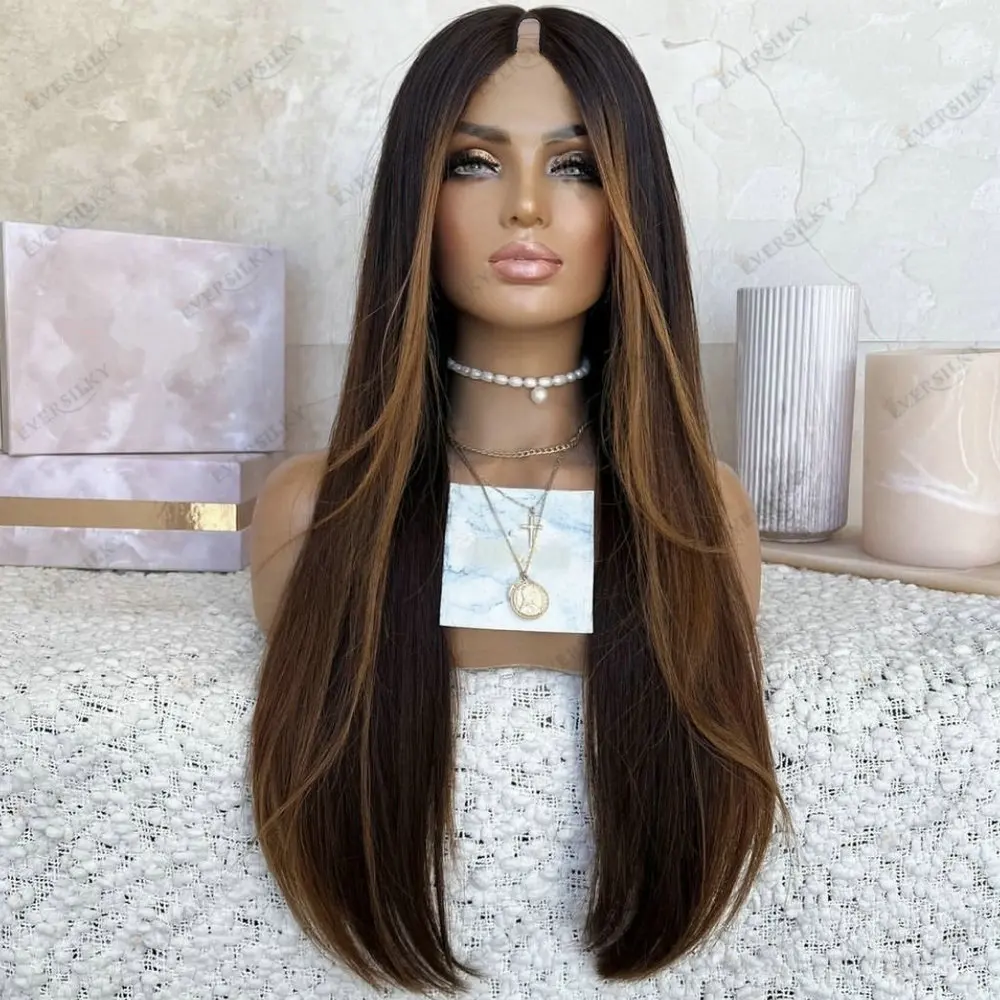 Honey Brown Highlight U Part Wig Human Hair Wigs Long  Straight Adjustables Omber Brown Glueless 1*4 Size V Part Wig Indian Hair