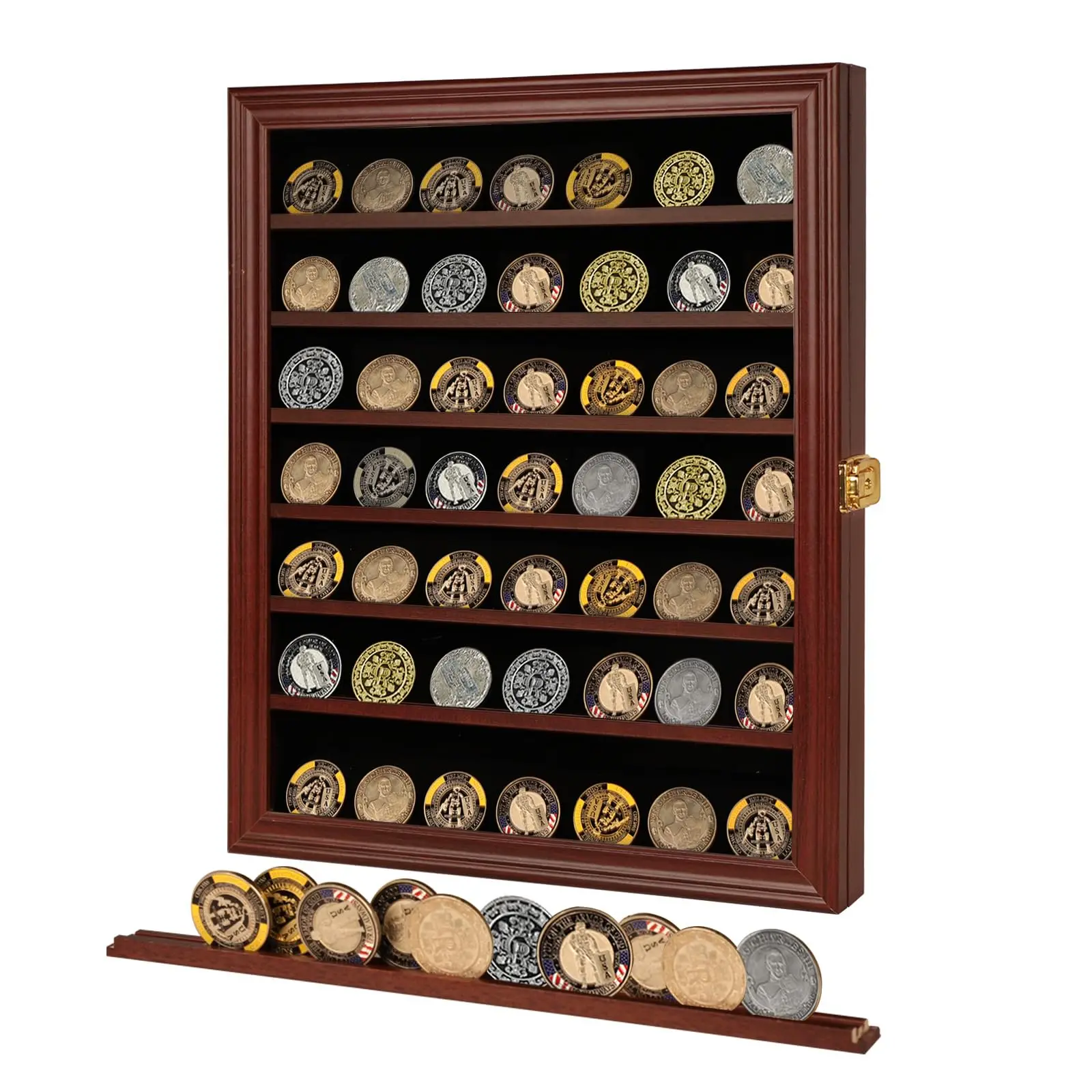 Military Challenge Coin Display Case Lockable Cabinet Rack Holder Shadow Box with Removable 2 Grooves Shelves and Anti Dust Door for Casino Poker Chips Collectibles