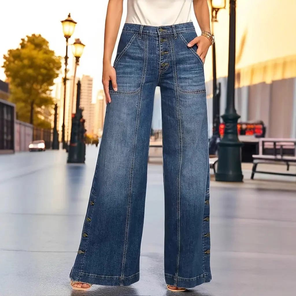 Pantaloni lunghi da donna in denim elastico a vita media con bottoni lavati vintage di grandi dimensioni