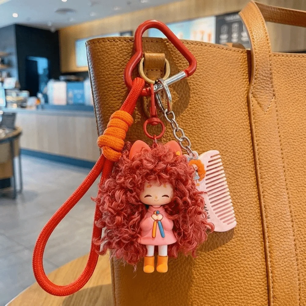 Soft Rubber Curly Hair Doll Keychain Hairbrush Pendant Multicolor Halyard Heart Keyring Fluffy Texture Adorable Design