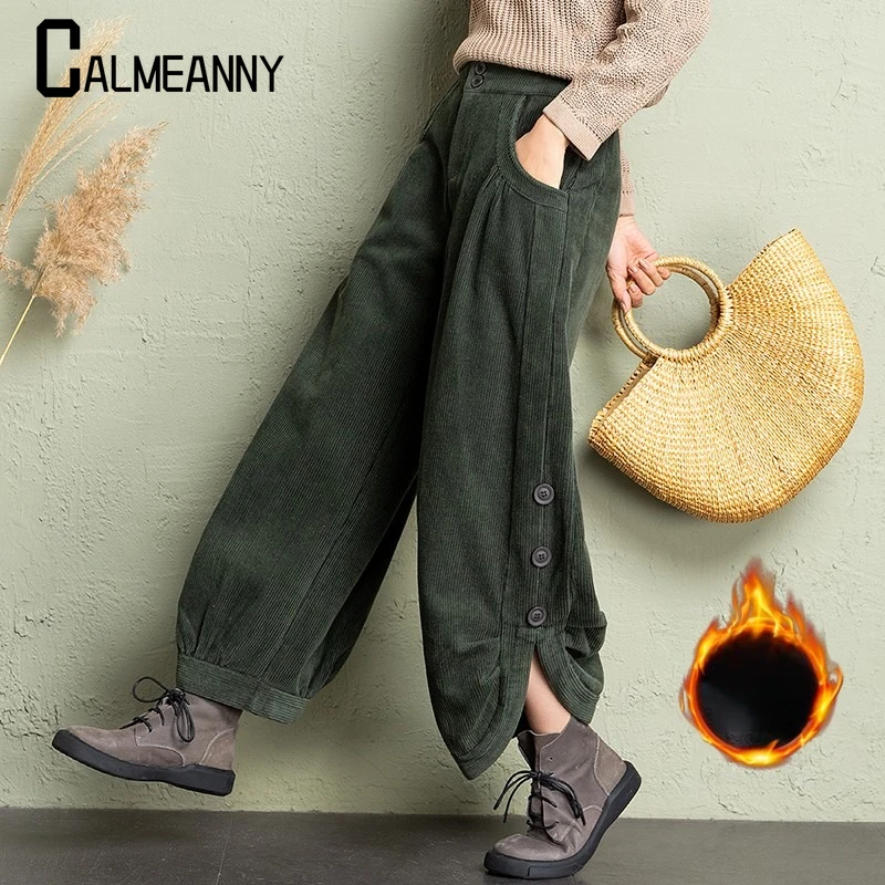 2024 Winter New Solid Color Fashion Elastic Waist Vintage Wide Leg Trousers Women High Street Thick Pockets Corduroy Pants