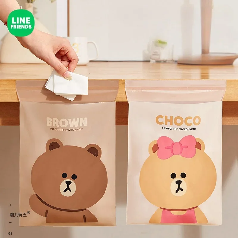 Line Friends-bolsa de basura de coche sin huellas, bolsa de basura gruesa de boca plana, color marrón, Choco, Anime Kawaii, cocina, hogar, escritorio