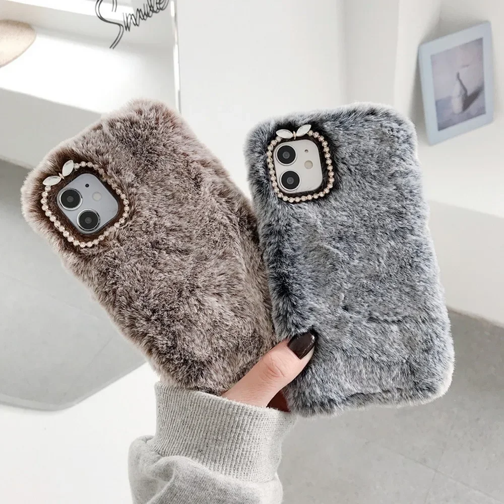 Cute Plush Case for iPhone 15 14 13 12 11 pro X XR XS Max 7 8 Plus SE 2022 Soft Winter Warm Fur Protective Shell Cover