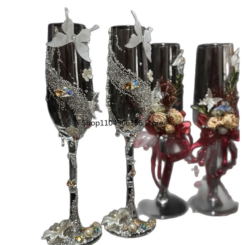 Creative niche sense homemade wedding toast cup DIY material bag champagne glass engagement decoration gift girl