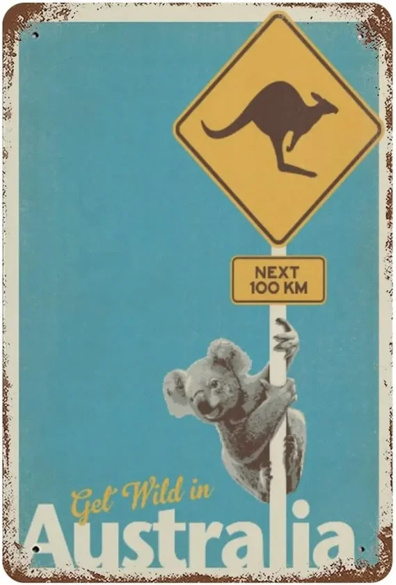 الرجعية خمر السفر العالمي أستراليا ، أوقيانوسيا الإشارة الجغرافية تين تسجيل المعادن بار نادي مقهى المنزل جدار ديكور فني الكنغر