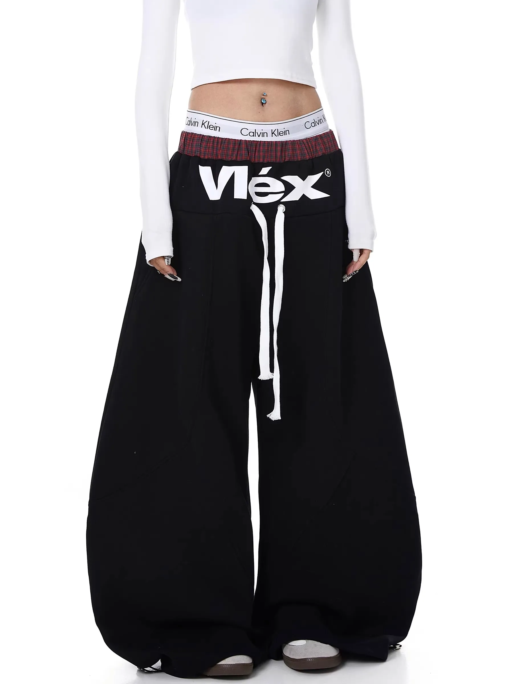 

Loose Wide Leg Pants Drawstring American Waist Lettering Dance Women's Casual Trousers Casual Style Patchwork Cotton Blend