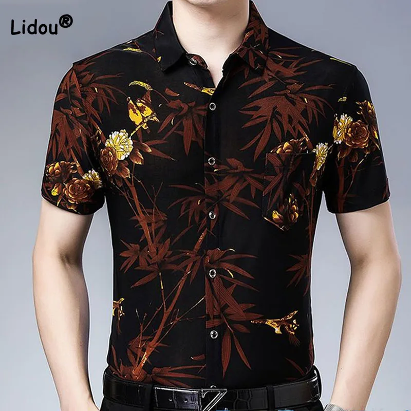 Moda manga curta masculina camisa polo-pescoço verão casual roupas masculinas tendência de impressão vintage único-breasted bolsos camisa