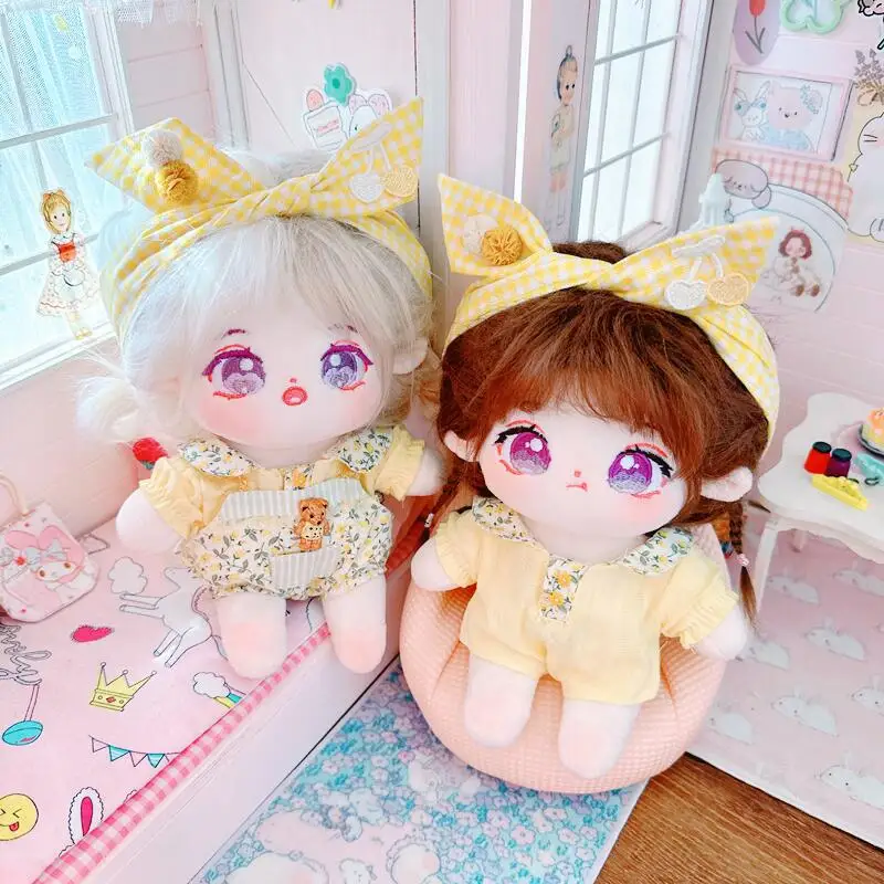 20cm Cartoon Yellow Shirt Rompers HairBand 3Pcs Set Idol Doll Clothes DIY Dress Up Plush Doll Accessories Anime Game Periphery