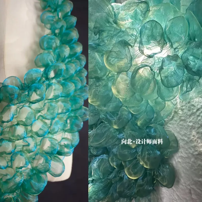 Green Water‑Gloss Bubble Organza 3D Lace Trim Fabric Transparent Raised Concave‑Convex Textured Material for Couture Clothing