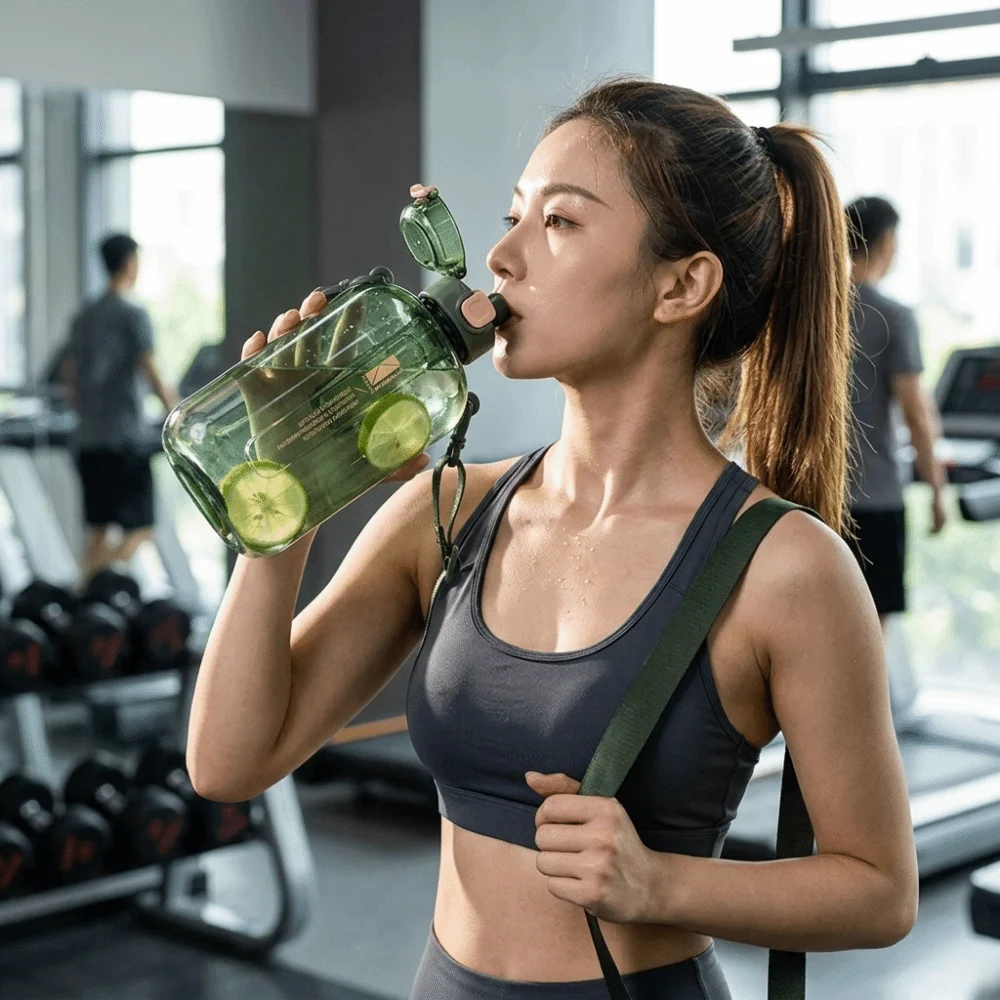 750ml Sports Water Cup Leakproof Sealed Lid Drop Resistant Sturdy Drink Container Wide Mouth Adjustable Shoulder Strap