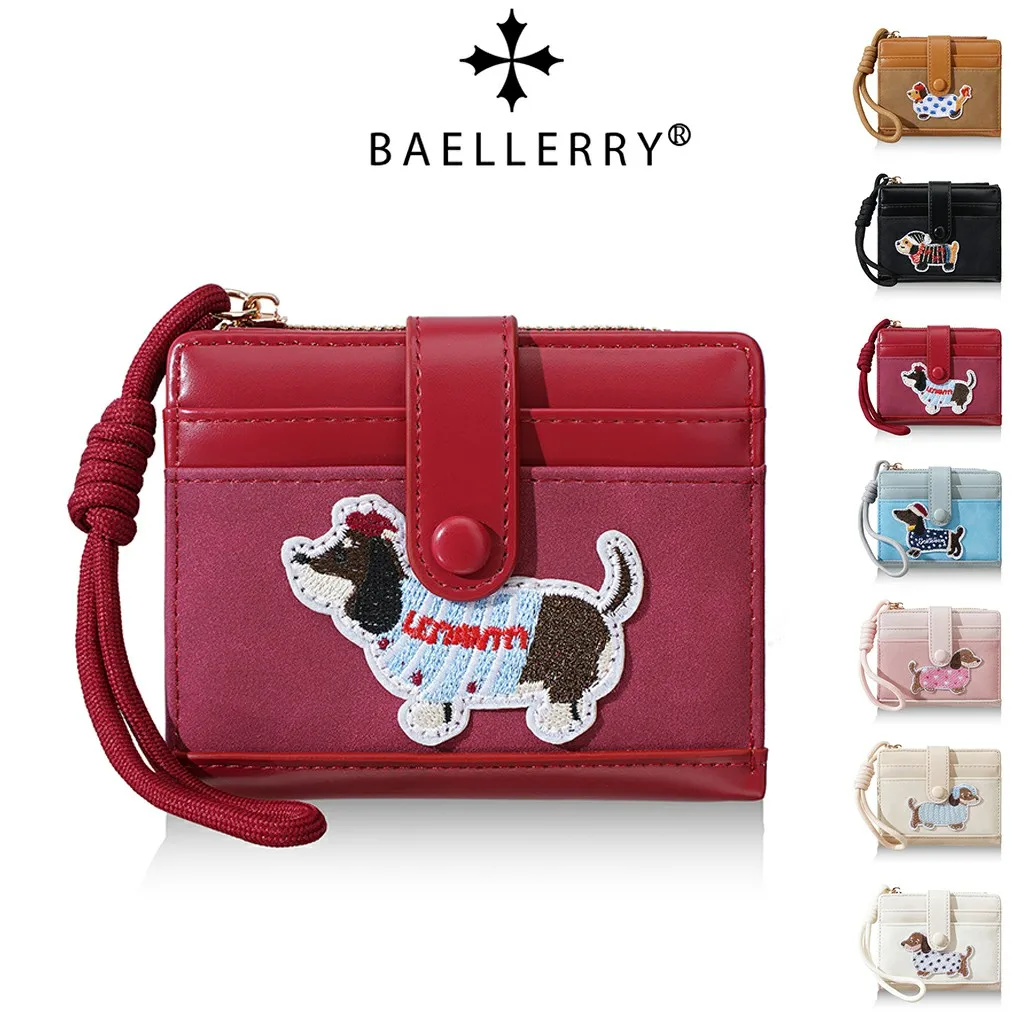 1Pc Cute Dachshund Pattern Women's Mini Wallet, 7 Card Slots with Wrist Strap Id Card Holder, Portable Zipper Coin Purse, Lightweight Travel Commuter Wallet, Cartoon Folding Wallet, Gift for Girls and Students