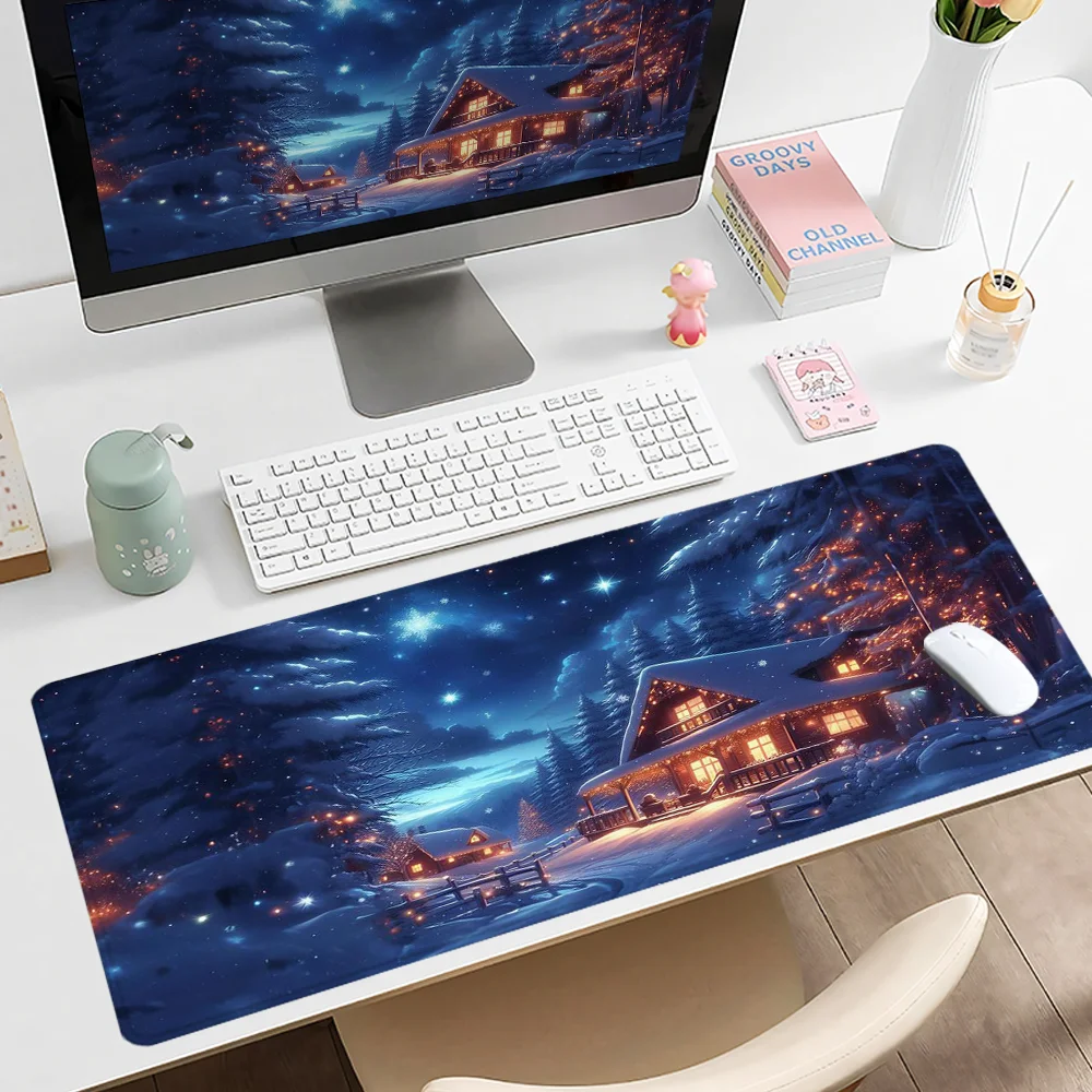 

Snowy Night Mouse Pad Christmas Design Game Desk Accessories Desk Pad Rubber Base with Stitched Edge Mousepad Non-Slip Deskpad