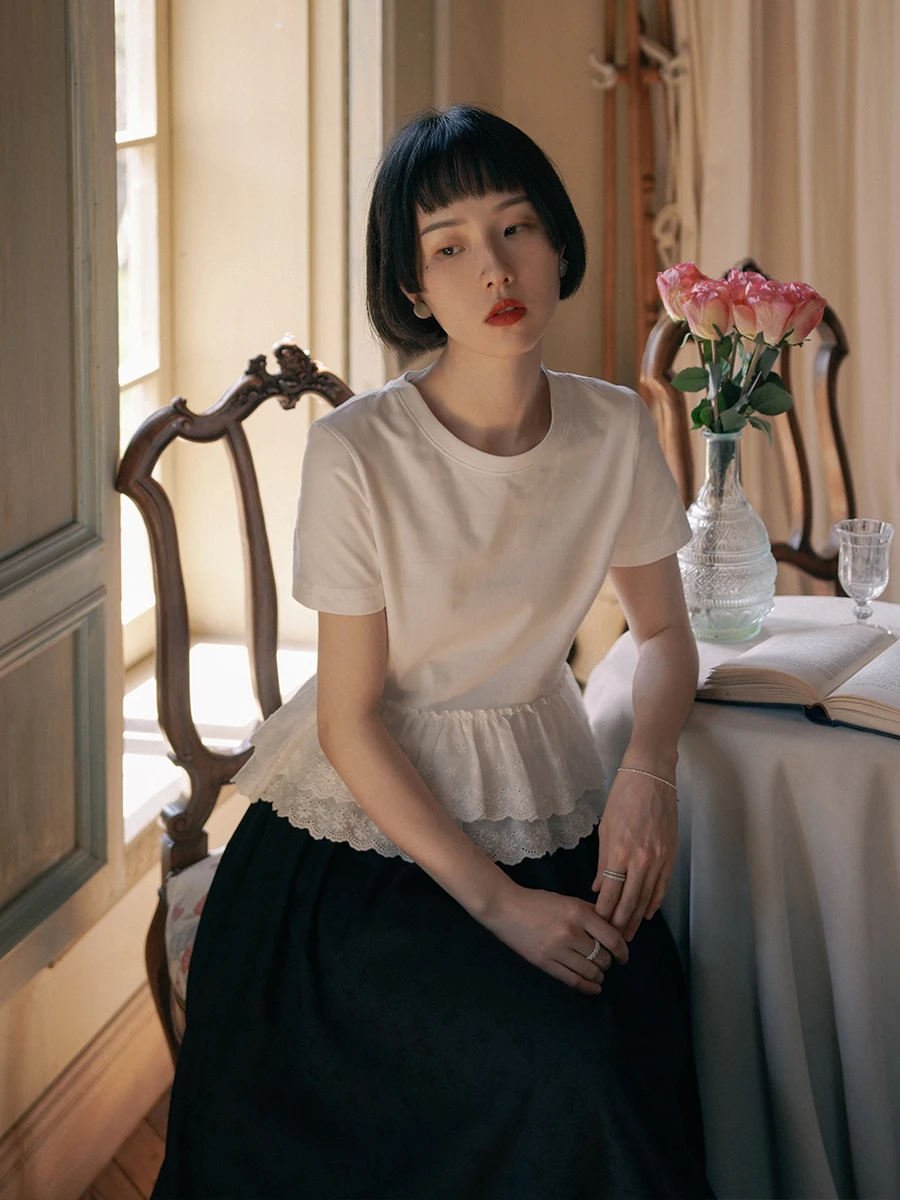 

Sweet Sle White Lace Double Layer ort Sve round Ne T-irt Women's Summer New Faion Versatile Cotton Top for Girls