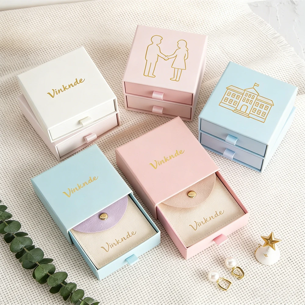 

Custom Logo Drawer Jewelry Box Jewellery Packaging Boxes Ring Pendant Necklace Bracelet Storage Microfiber Gift Snap Bag Pouches
