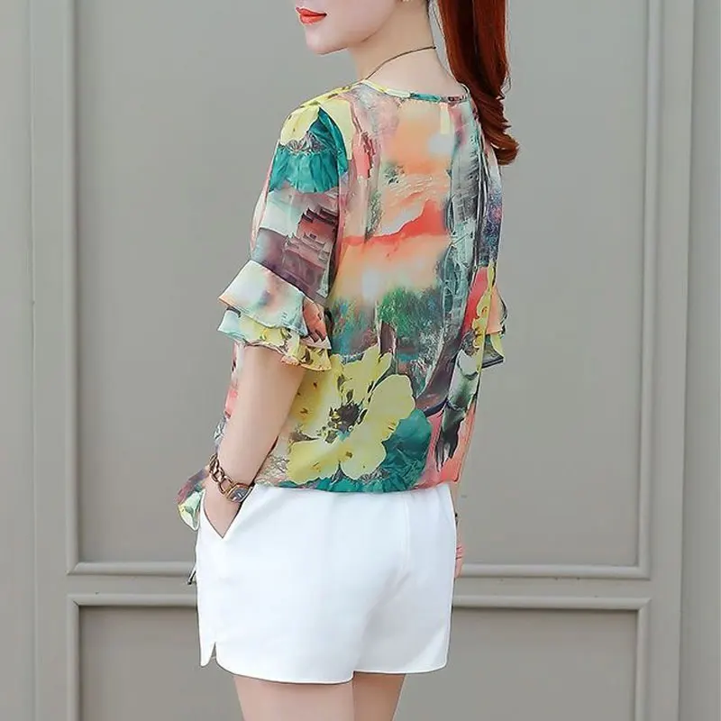 Office Lady Elegant Ruffles Patchwork Blouse Fashion Floral Printed Summer Loose Female Short Sleeve Casual Drawstring Bow Shirt