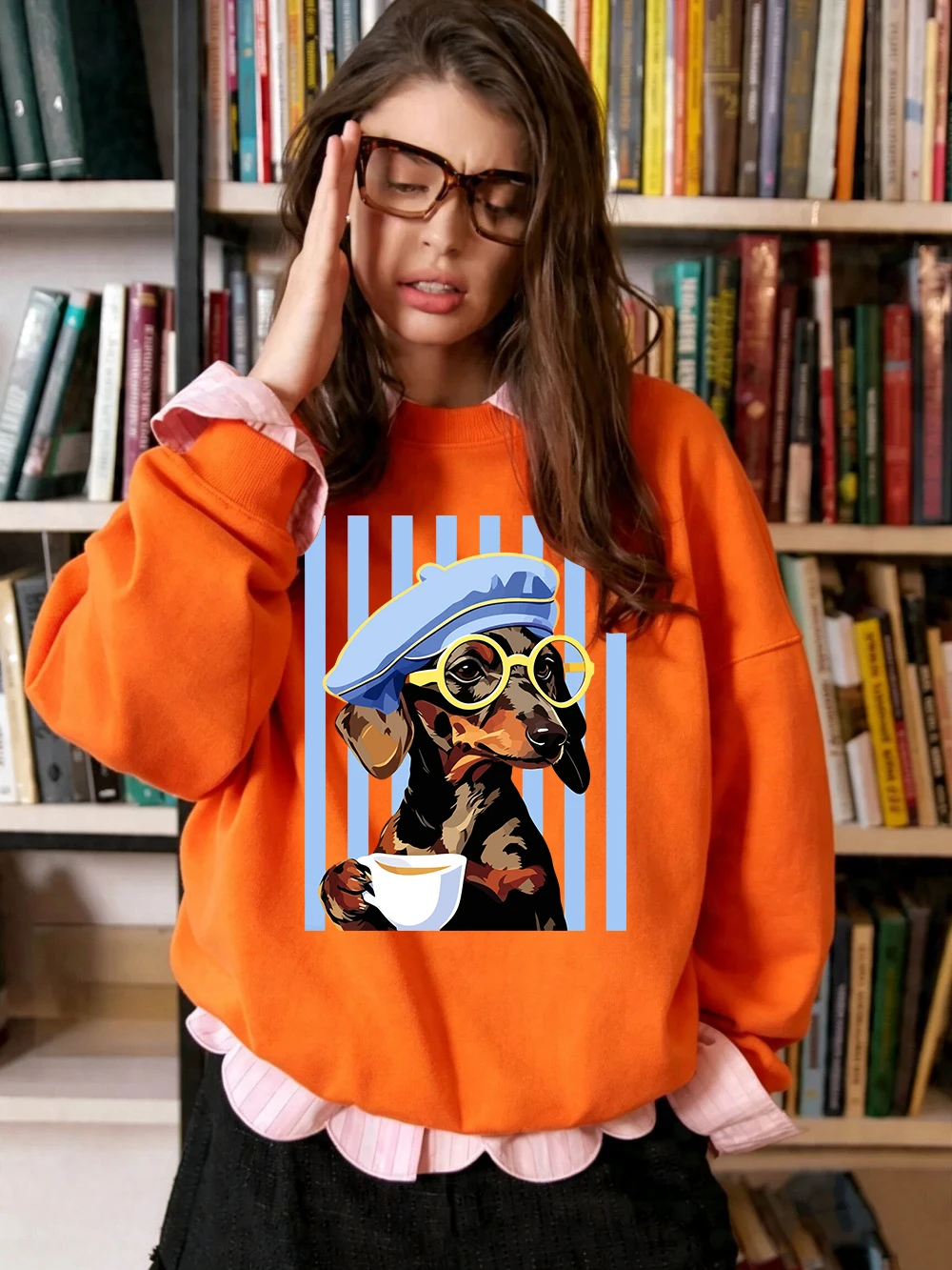 Dackel-Illustrationsdrucke, Sweatshirts für Damen, Winter-Fleece, warme Kapuzenpullover, Rundhalsausschnitt, lockere Oberteile, Basics, sportliche Damenbekleidung – Detail 15