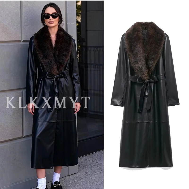 

Женские кожаные длинные пальто 202, осень-зима, новая мода, куртка на пуговицах с меховым воротником и длинными рукавами, женские уличные элегантные новые пальто