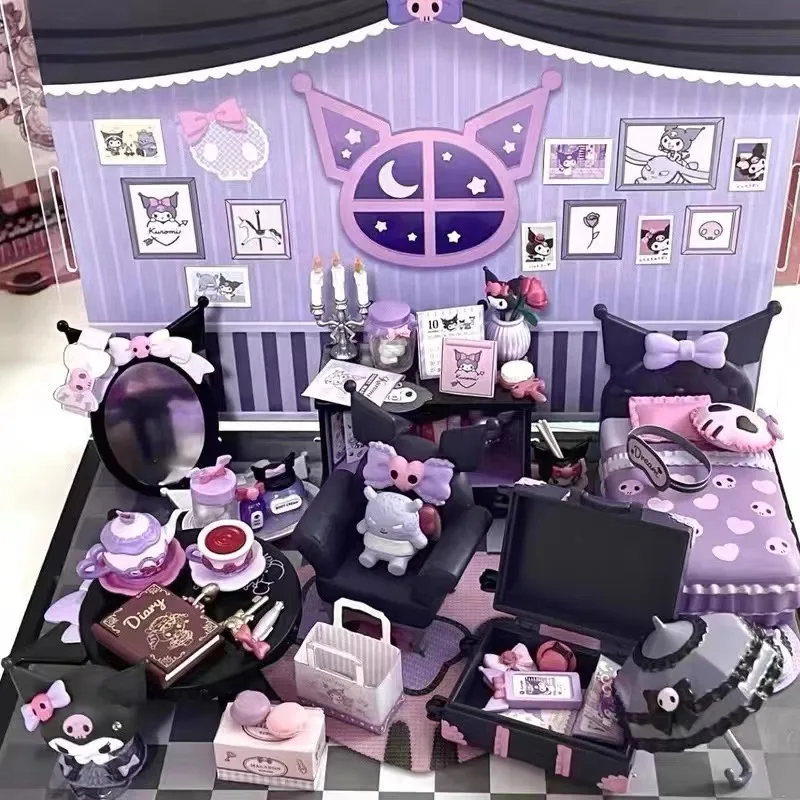 Re-ment 8Pcs/set Sanrio Kuromi Gothic Room Purple Miniature Scene Blind Box Toys Anime Figure Doll Gifts Toys Collect Ornaments