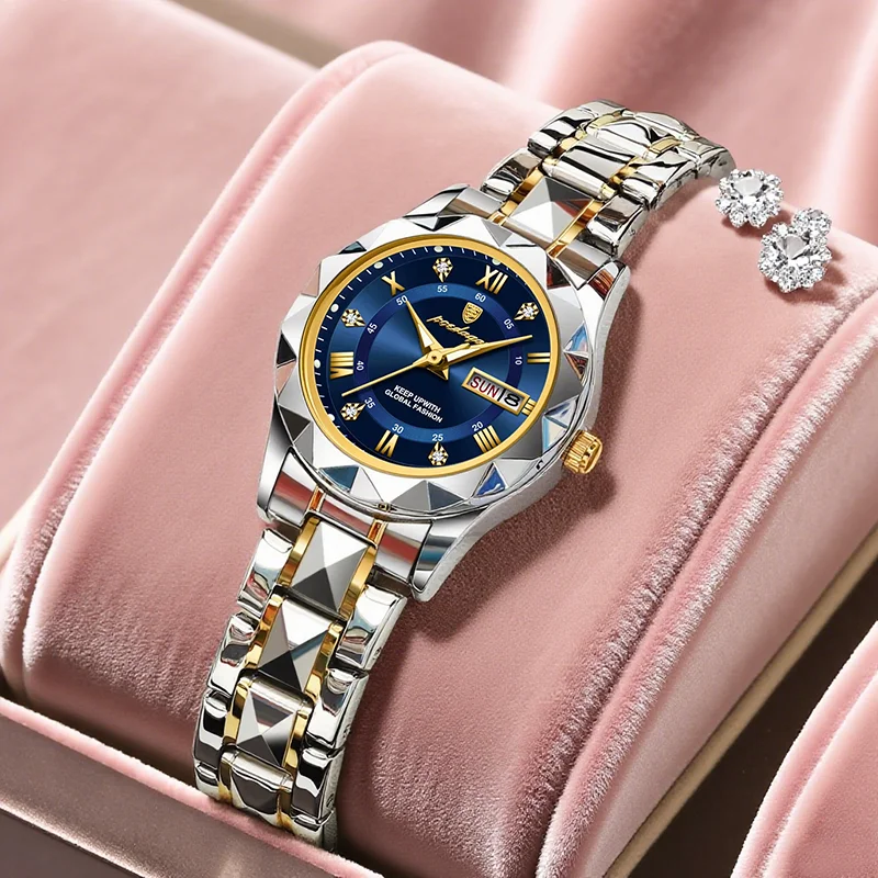 POEDAGAR ساعات أنيقة للنساء مقاومة للماء ومضيئة للتاريخ والأسبوع للسيدات كوارتز من الفولاذ المقاوم للصدأ ساعة يد نسائية عصرية