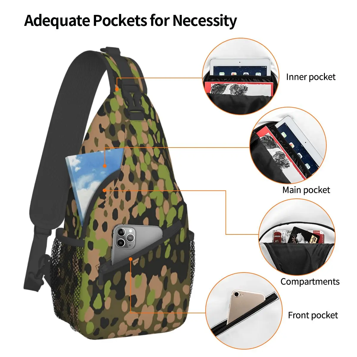 WW2 SS Erbsentarn Camuflagem Crossbody Sling Bag SmallChest Bag Camo Exército Ombro Mochila Daypack para Viagem Caminhadas Camping