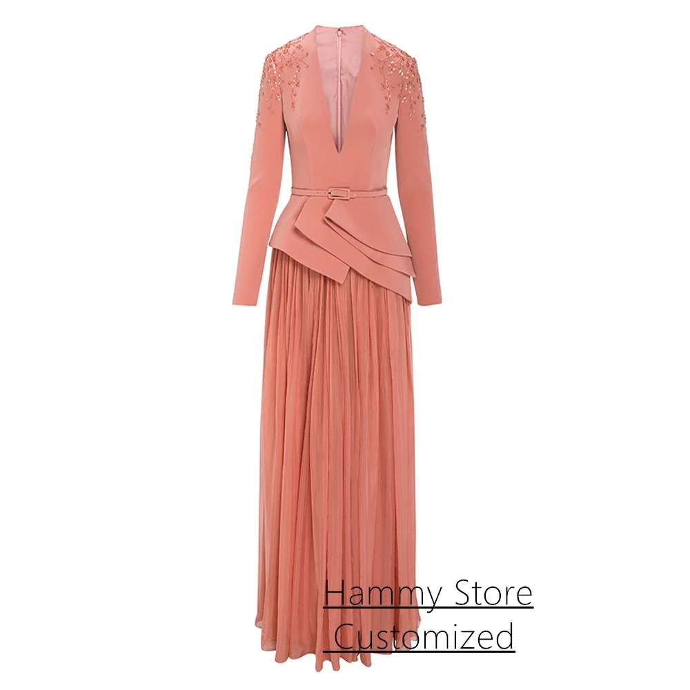 Coral Evening Dress فساتين حفلة موسيقية Customized V Neck Long Sleeve Beading Sequined Wedding Party Gown Arab Prom Dresses image 4