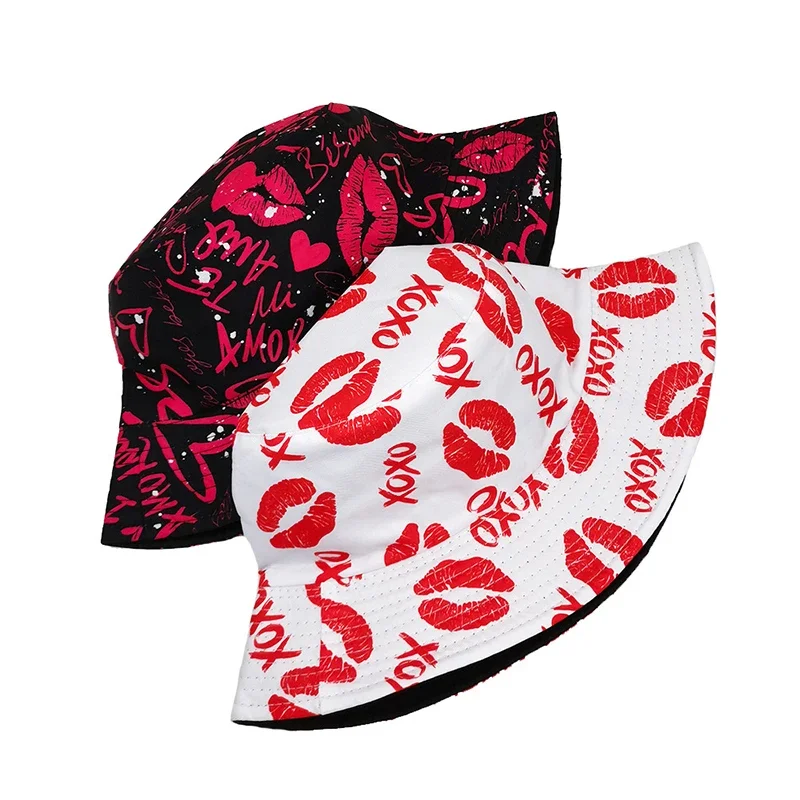 Red Lips Printing Bucket Hat Love Heart Graffiti Pattern Fisherman Hats Double Sides Panama Cap Summer Sunscreen Outdoor