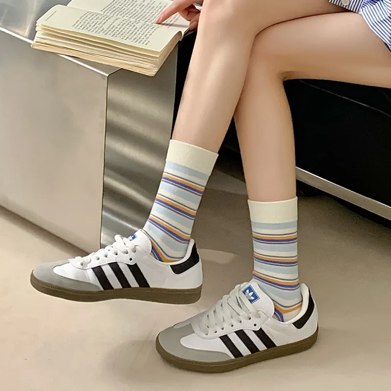 Socks Women Multicolor Striped Casual Harajuku Hip Hop Skateboard Sports Socks College Style School Girls Cute Cotton Long Socks