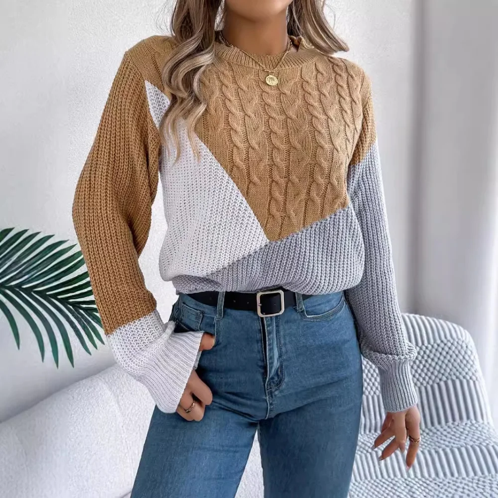 

Women Autumn And Winter 2024 Casual Flat Needle Contrast Fried Dough Twists Knitting Long Sleeve Pullover Sweater Fall Jumpers
