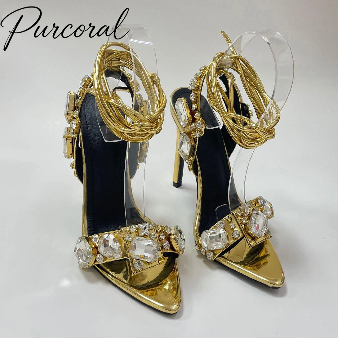 Purcoral 2026 Crystal Rhinestone Women Sandals Gold Metallic Pointed Toe Ankle Wrap Lace‑Up Stiletto High Heels  Prom Party
