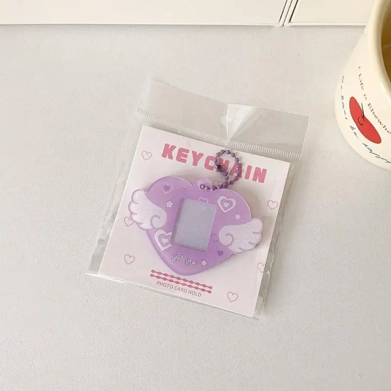 COTE HEART HEART WING PHOTO CARD HOLDERキーチェーンチェーン付き1インチ写真保護スリーブバッグ財布ペンダントY4QC