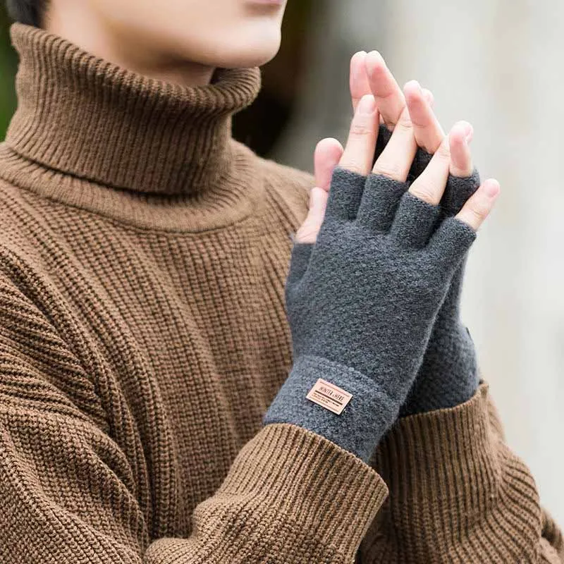 Winter Fingerless Gloves for Men Half Finger Elastic Mittens Knitting Wool Warm Leather Label Thick Elastic Driving Gloves