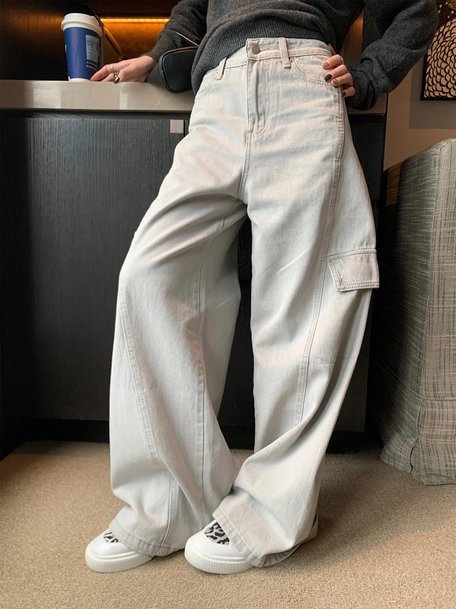 

Джинсы женские с высокой талией и широкими штанинами, повседневные, свободного кроя, синие, из денима, с диагональным дизайном и разноцветным градиентным узором