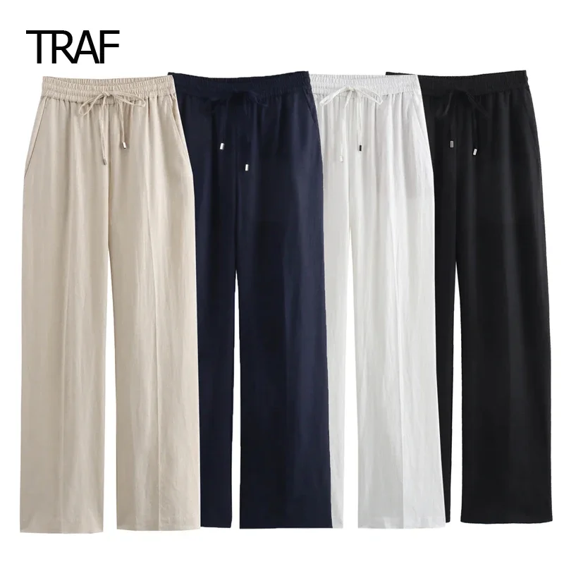 TRAF Wide Leg Linen Pants Women\'s Pants Spring Summer 2024 Baggy High Shot Pants Woman New In Trousers Female Trending Trousers