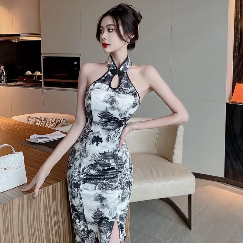 High-end Vintage Elegant Side Slit Watermark Printing Slimming Dress For Women Smooths Your Silhouette Style Body Shaper Gown