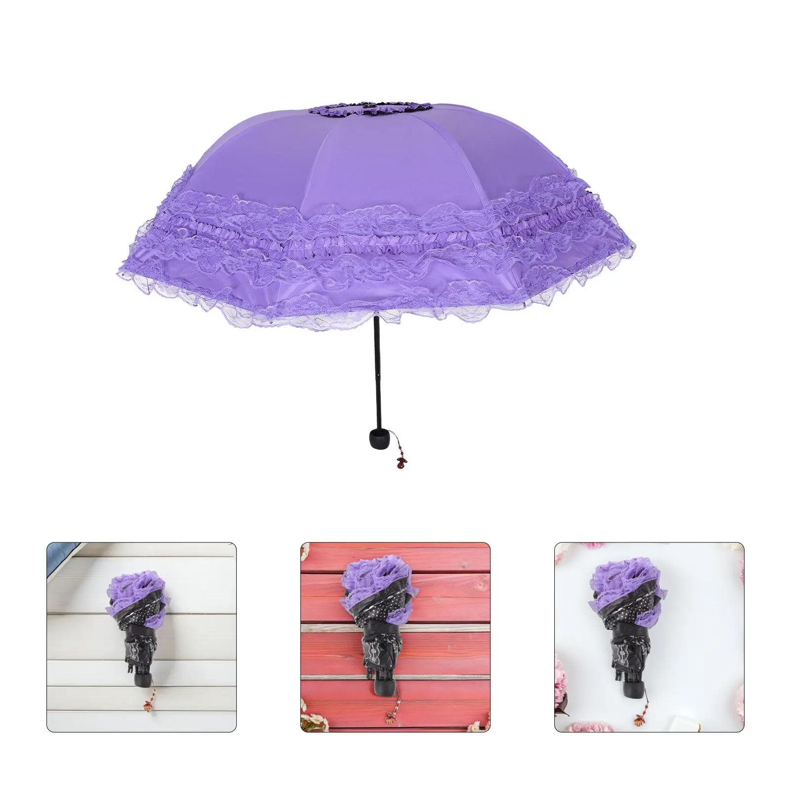 

37 Inch Vintage Lace Parasol Umbrella Princess Ruffle Layered Uv Protection Sunshade for Bridal Wedding Tea Party Photography