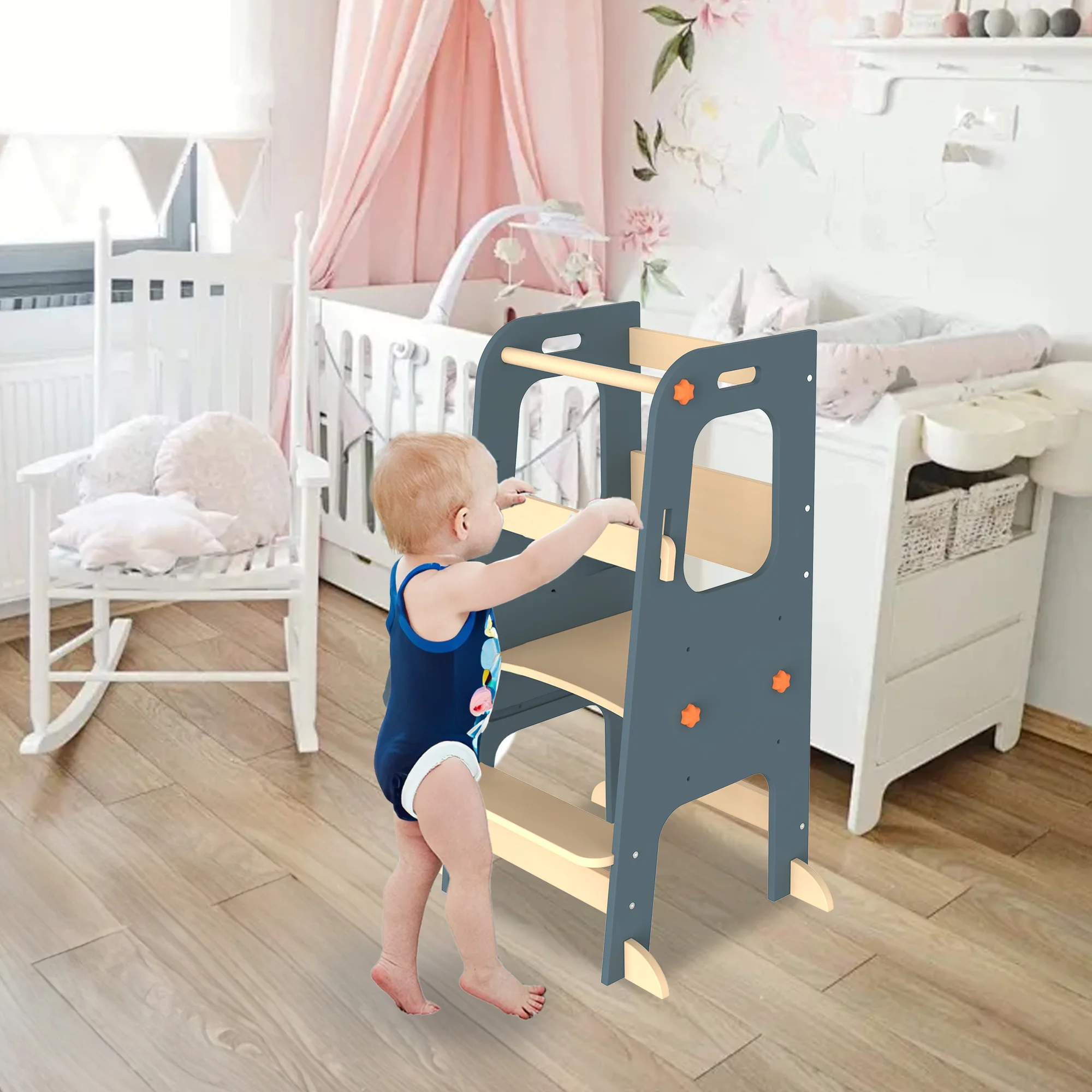 Toddler Tower Wooden Ladder Learning Tower, Toddler Kitchen Stool Helper with 3 Adjustable Height Non-skid Feet Anti-drop Rail