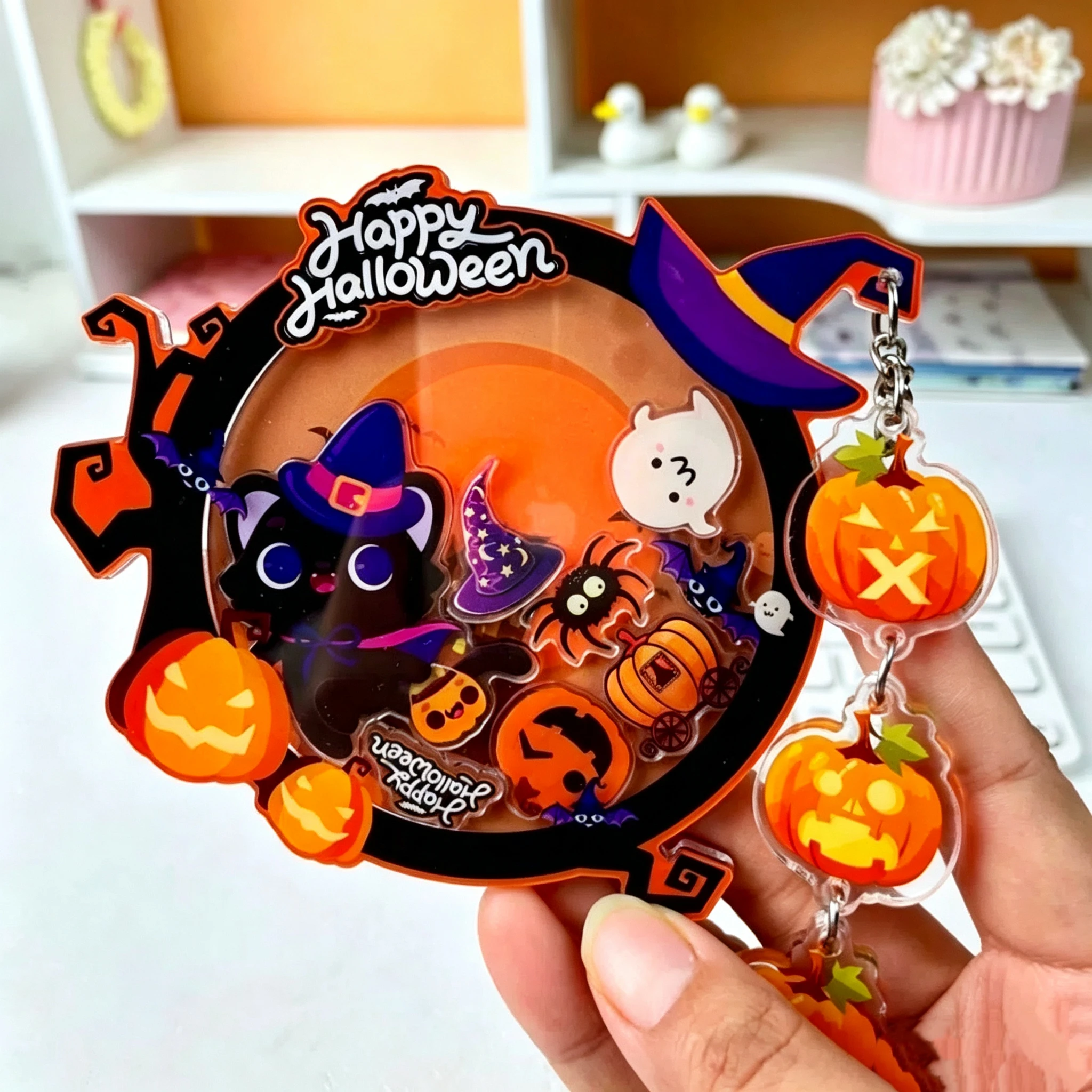 Happy Halloween Acrylic Shaker Keychain Cute Black Cat Witch Pumpkin Ghost Shake Keyring Kawaii Halloween Bag Pendant Gift