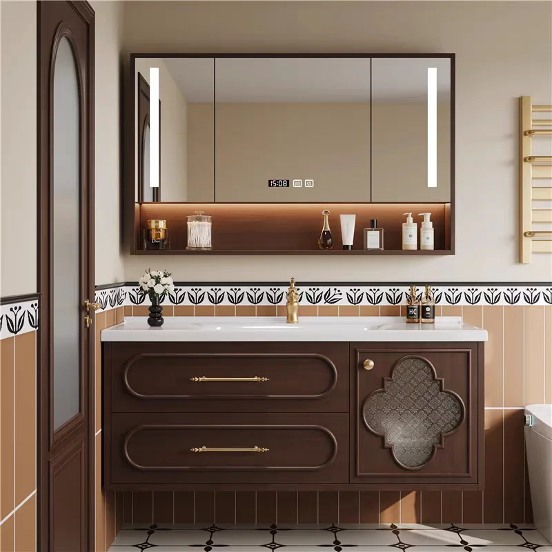 

Oak bathroom cabinet combination, toilet washbasin sink, ceramic integrated basin bathroom cabinet