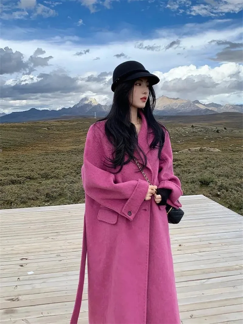 Rose Pink Temperament Woolen Coat Women's Autumn And Winter New Style Loose Over The Knee High-end Medium Long Woolen Coat P88