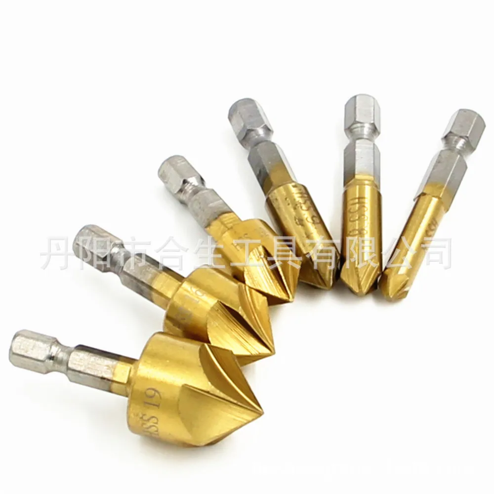 6PC hexagonal handle titanium plated five-edge chamfer 3PC reaming chamfer 12mm16mm19mm woodworking countersink drill sleeve