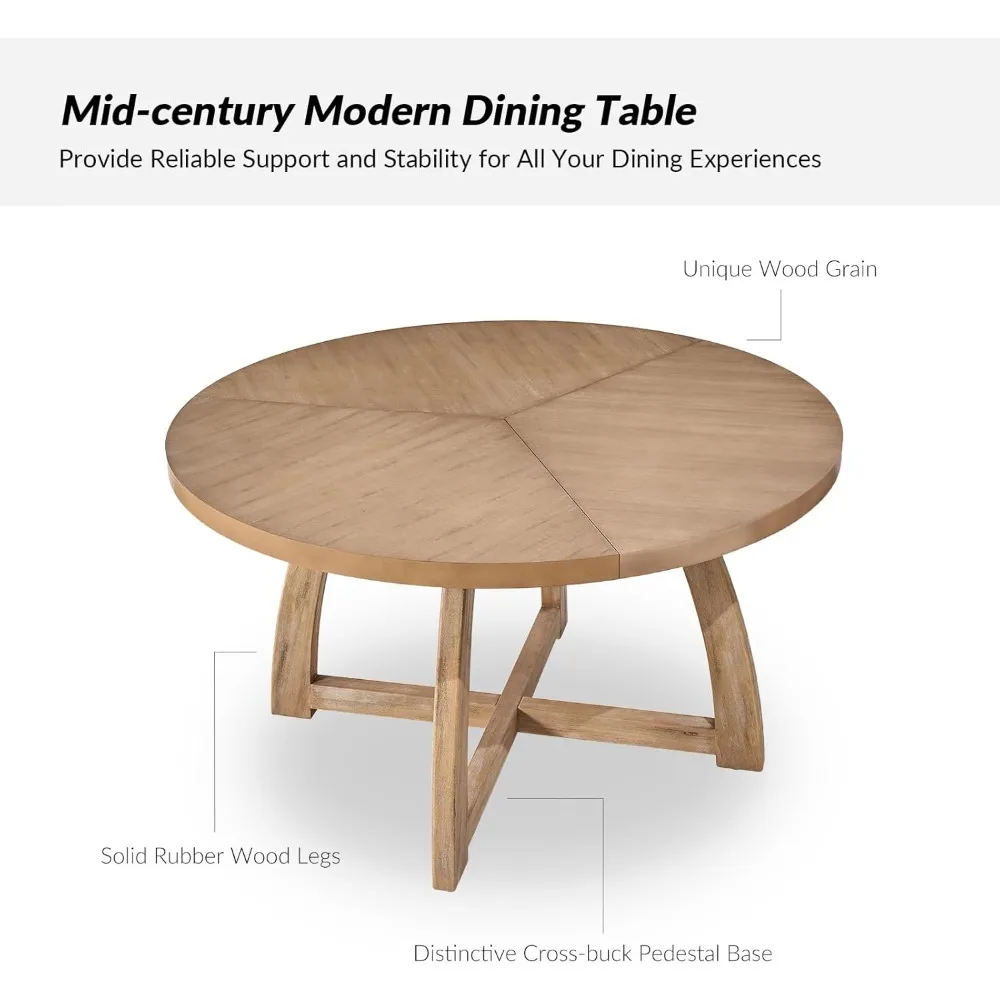 Mesa de comedor redonda de 54 pulgadas para 6 personas, mesas de cena circulares modernas de madera maciza de mediados de siglo para