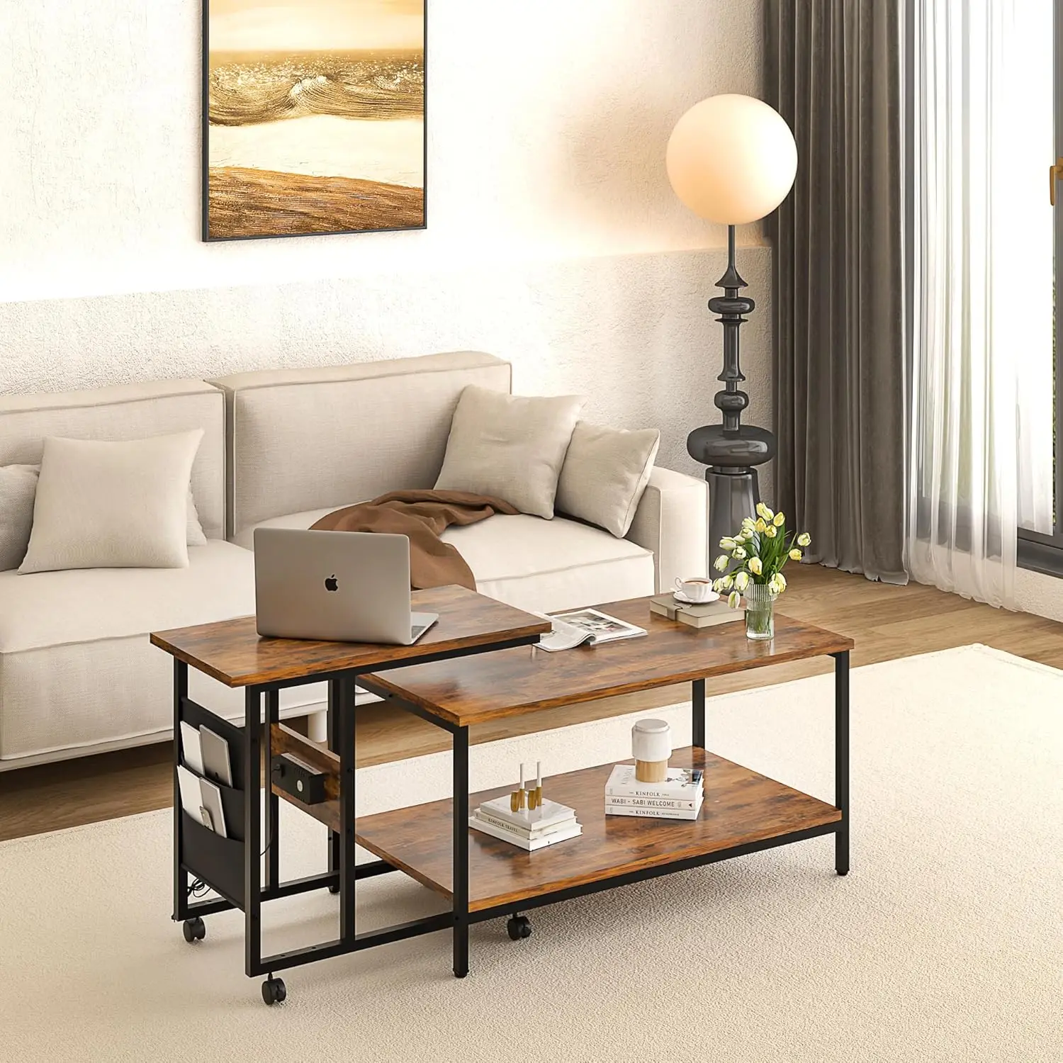 2-Piece Industrial Style Coffee Table Set - 31.5"/20" Adjustable Height Side/End Tables with USB Ports & Wheels